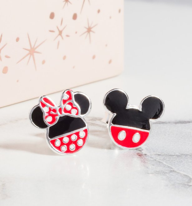 Disney Mickey And Minnie Mouse Sterling Silver Enamel Stud Earrings