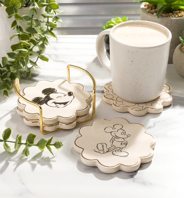 Disney Mickey Mouse Scalloped Natural Speckle Ceramic Coasters Set Disney Mickey Mouse Scalloped Natural Speckle Ceramic Coasters Set