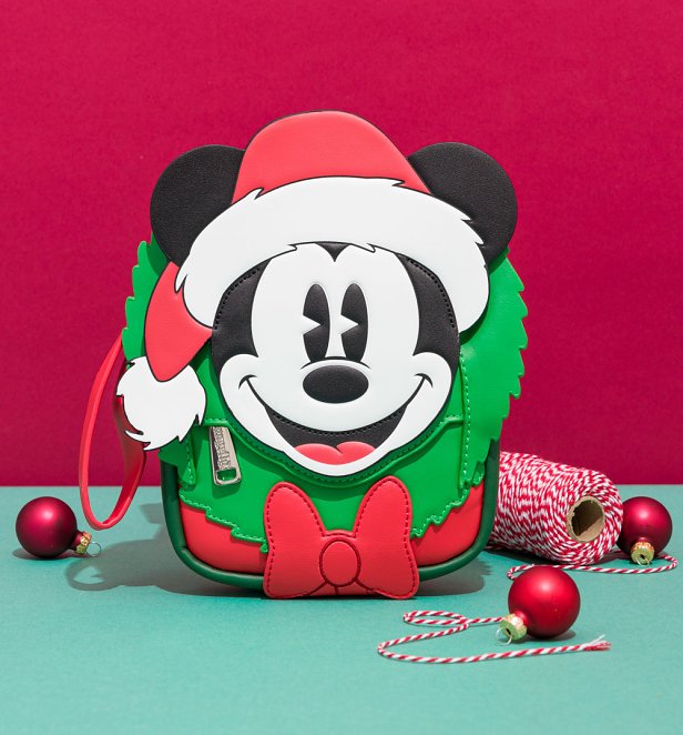 Loungefly Disney Mickey And Wreath Christmas Wristlet