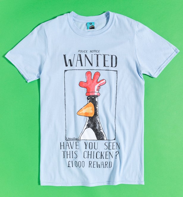 Men's Blue Wallace and Gromit Feathers McGraw Wanted Poster T-Shirt Men's Blue Wallace and Gromit Feathers McGraw Wanted Poster T-Shirt