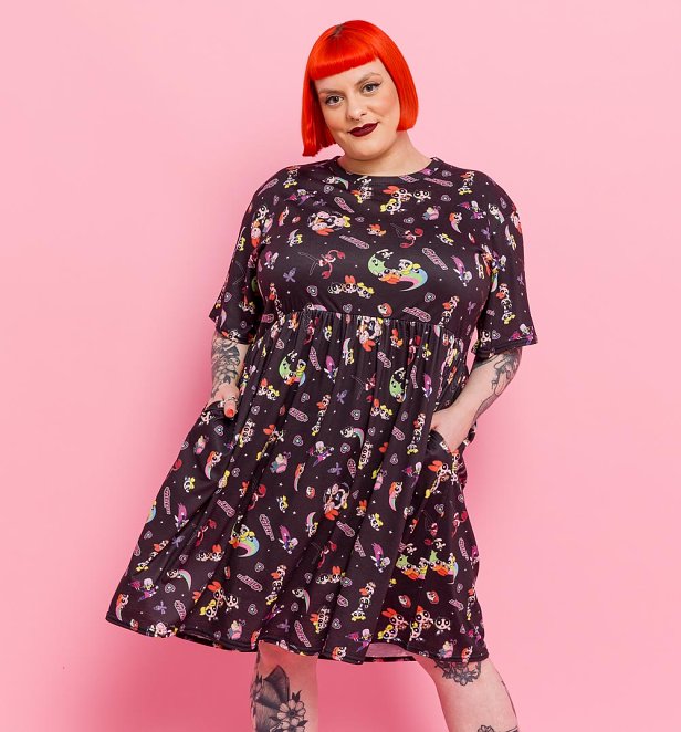 Powerpuff Girls All Over Print Black Smock Dress