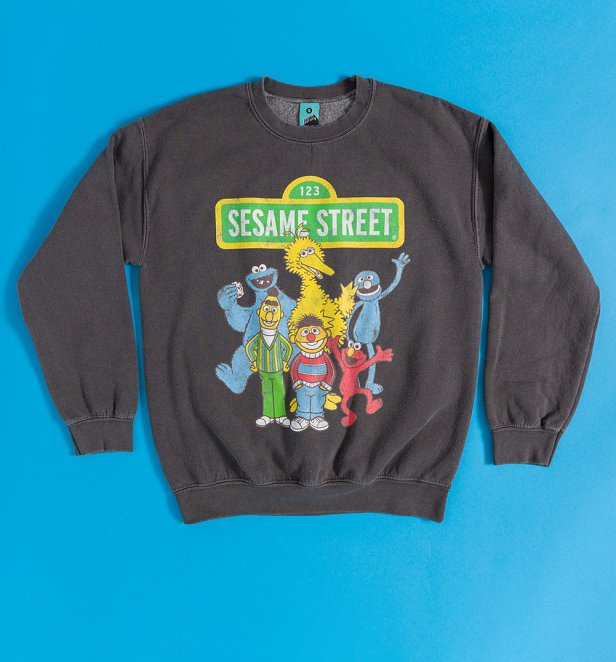 Sesame Street Characters Charcoal Vintage Wash Sweater