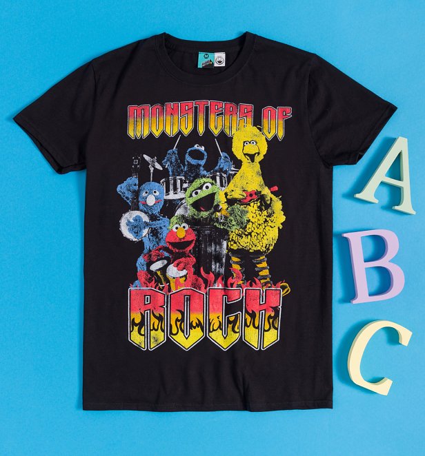 AWAITING APPROVAL Sesame Street Monsters Of Rock Black T-Shirt