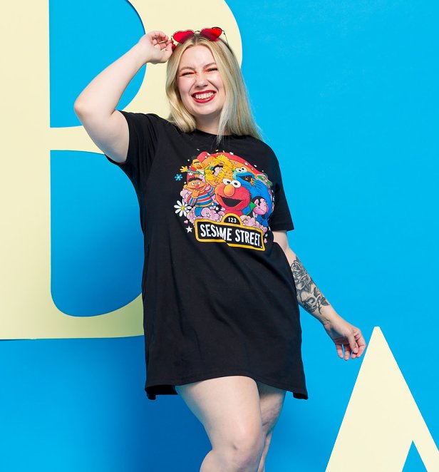 Sesame Street Rainbow Characters Black T-Shirt Dress Sesame Street Rainbow Characters Black T-Shirt Dress