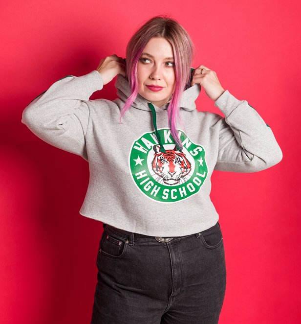 Stranger Things Hawkins High School Badge Cropped Grey Hoodie