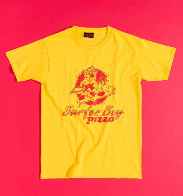Stranger Things Surfer Boy Pizza Yellow T-Shirt with Back Print Stranger Things Surfer Boy Pizza Yellow T-Shirt with Back Print