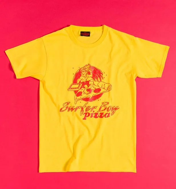 Stranger Things Surfer Boy Pizza Yellow T-Shirt with Back Print