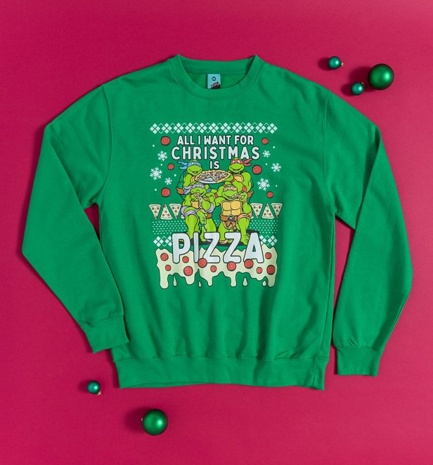 Teenage Mutant Ninja Turtles All I Want For Christmas Is Pizza Green Sweater