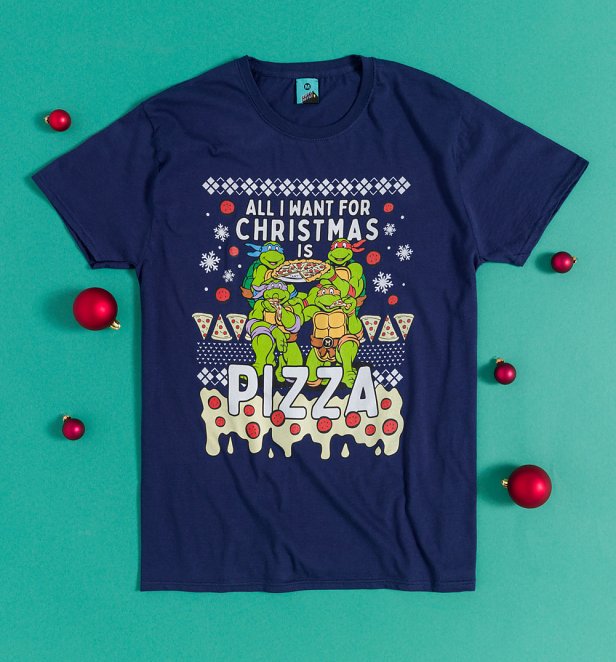 Teenage Mutant Ninja Turtles All I Want For Christmas Is Pizza Navy T-Shirt