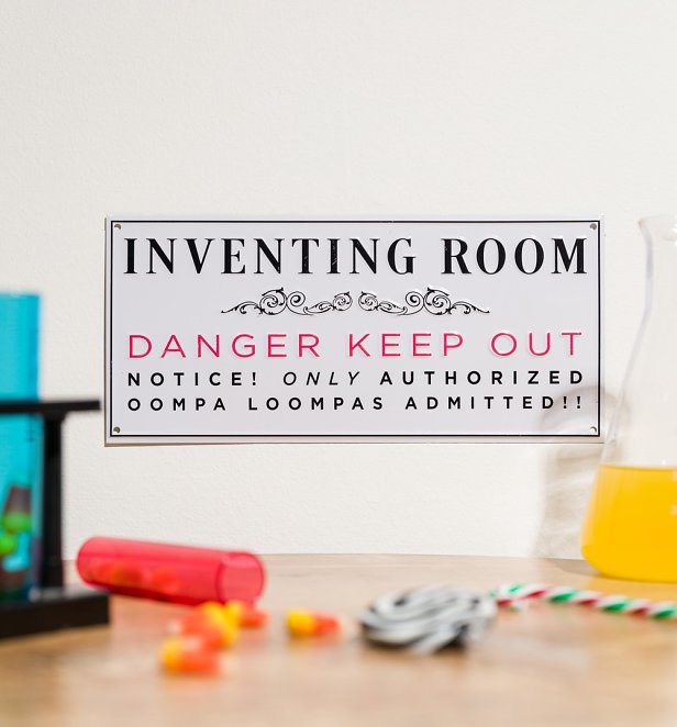 Willy Wonka Inventing Room Embossed Metal Wall Sign Willy Wonka Inventing Room Embossed Metal Wall Sign