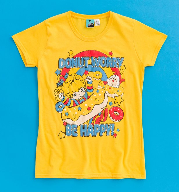 Women's Rainbow Brite Donut Worry Be Happy Fitted Yellow T-Shirt