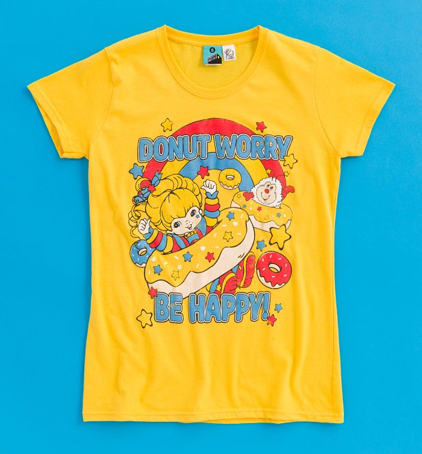 Women s Rainbow Brite Donut Worry Be Happy Fitted Yellow T Shirt